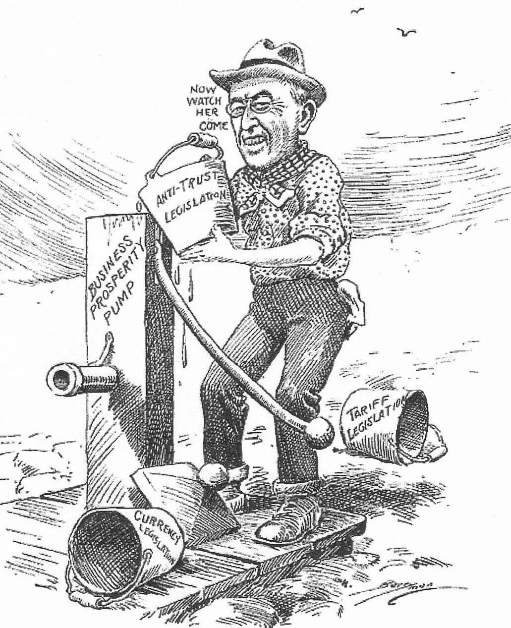 1914 US cartoon showing Woodrow Wilson priming the pump, representing prosperity, with buckets representing legislation.