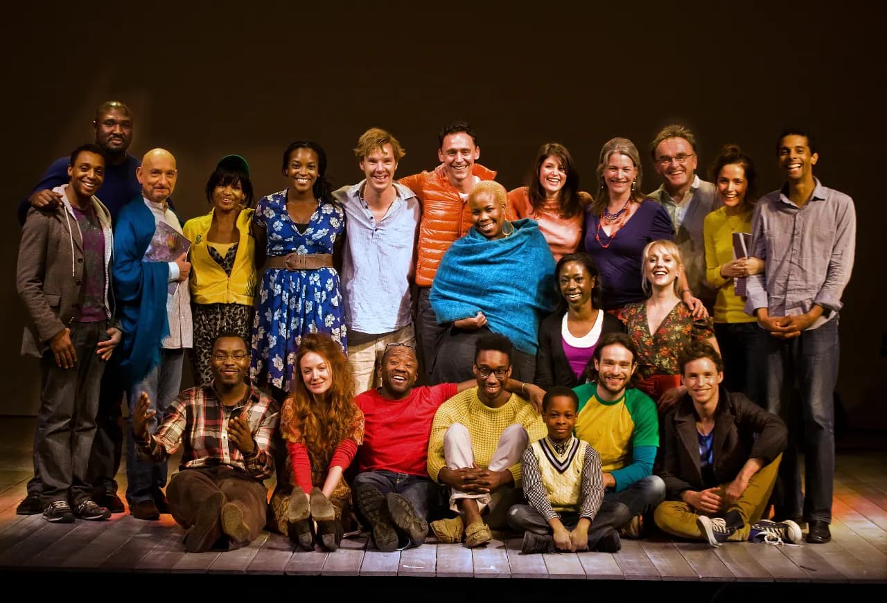 The cast of The Children's Monologuestop row: L to R unknown, Nonso Anozie, Sir Ben Kingsley, Jenny Jules, Wunmi Mosaku, Benedict Cumberbatch, Tom Hiddleston, u