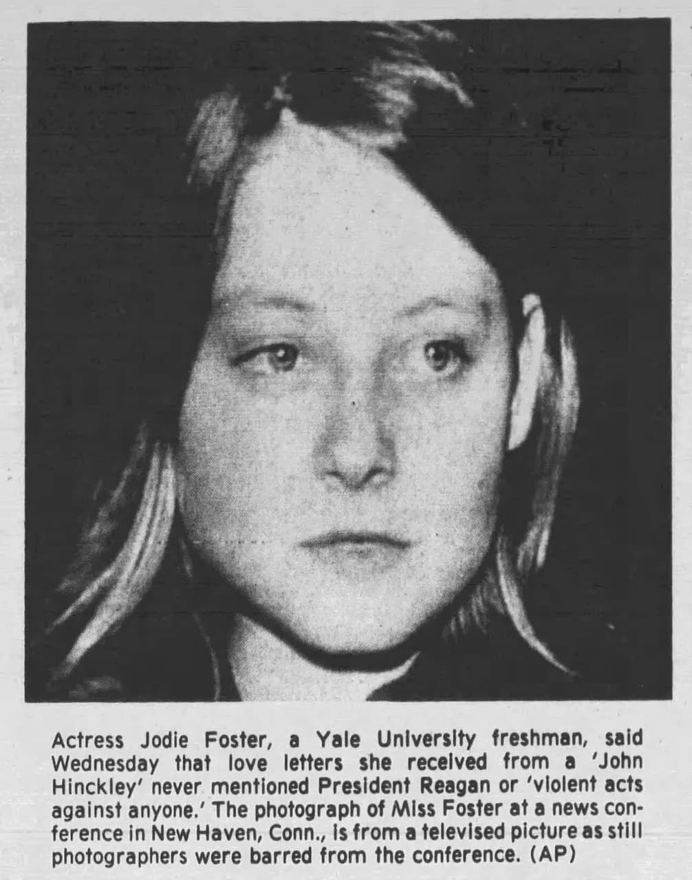Newspaper clipping of actress Jodie Foster, taken from the Valley News, April 2, 1981.