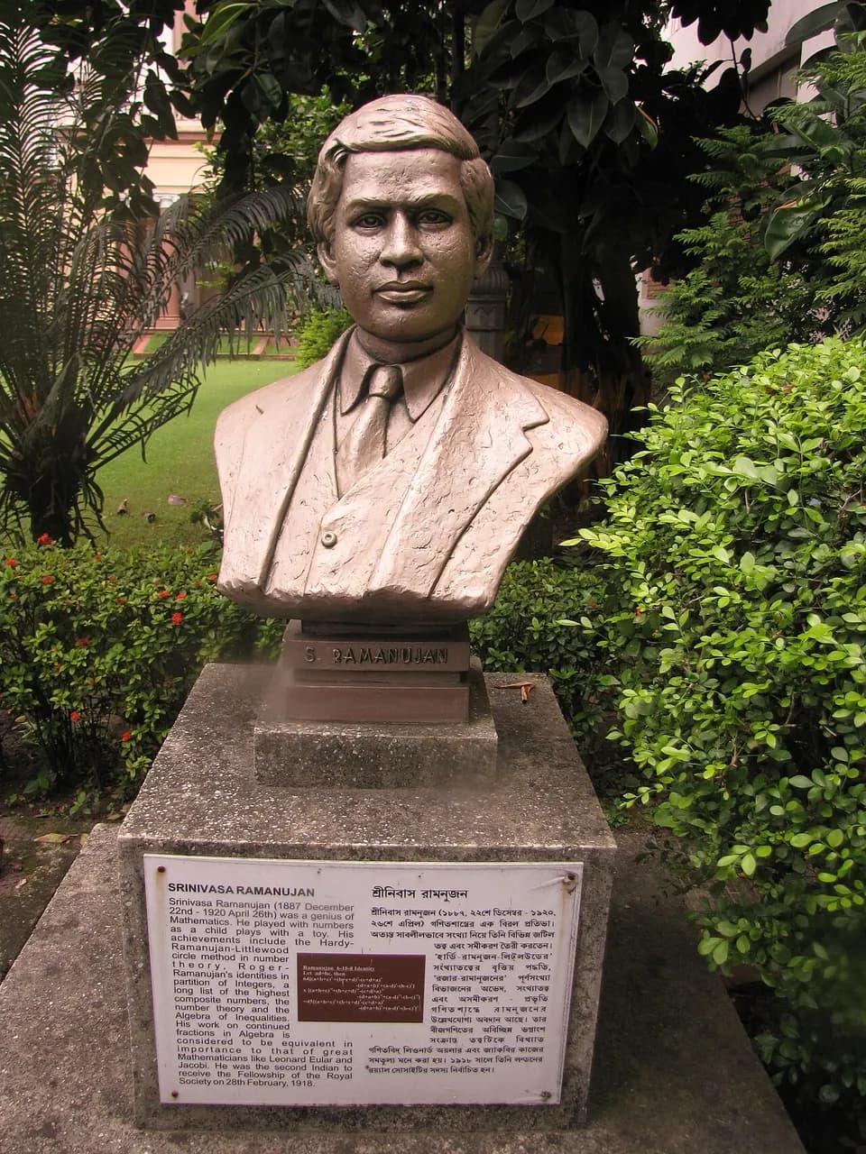 Bust of Srinivasa Ramanujan, Indian mathematical savant in the garden of Birla Industrial &amp; Technological Museum.