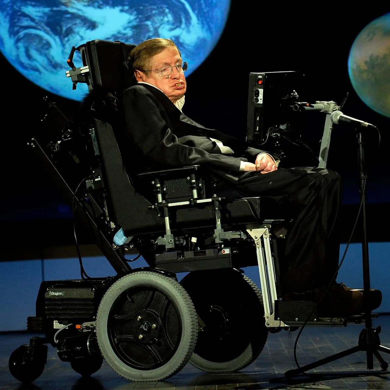 Stephen Hawking giving a lecture for NASA's 50th anniversary