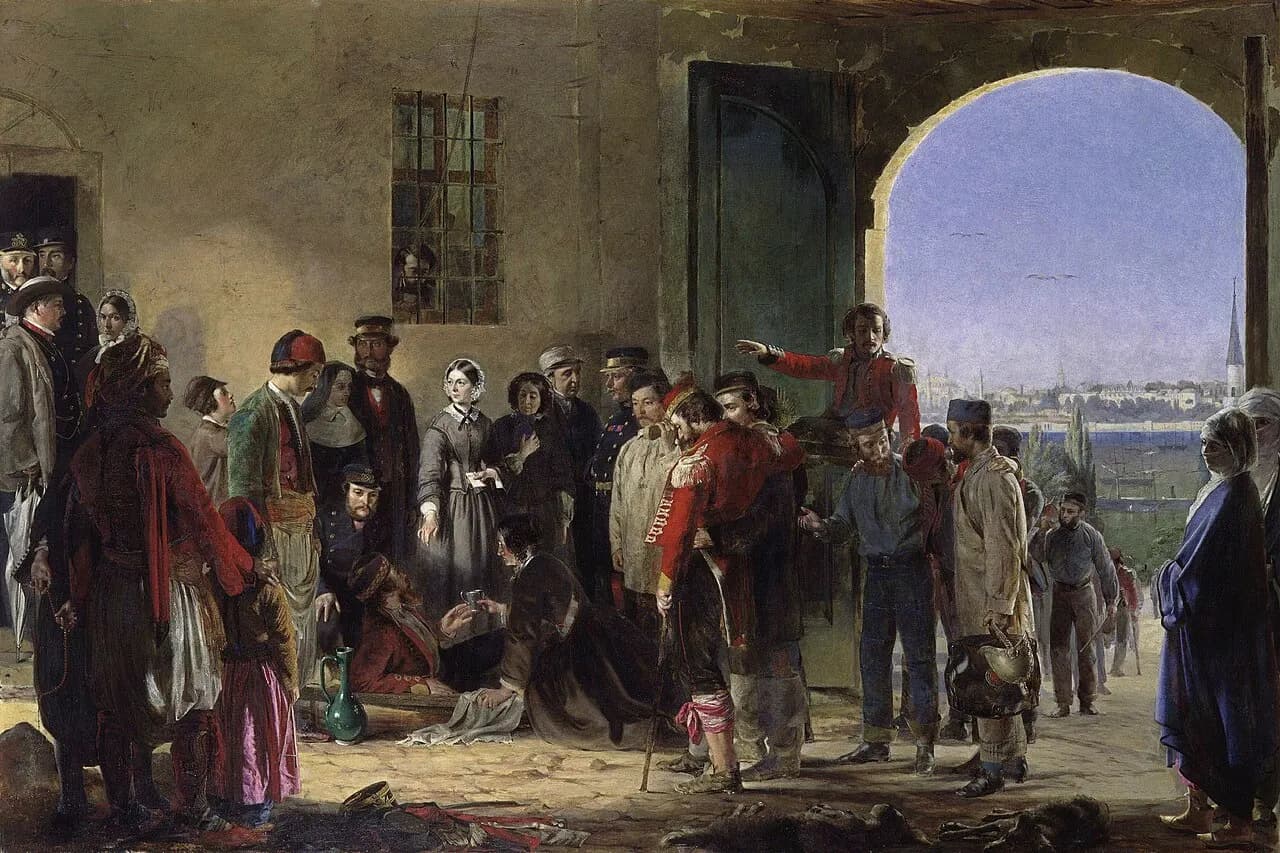 Nightingale receiving the Wounded at Scutari, by Jerry Barrett (died 1906). See source website for additional information. This set of images was gathered by Us