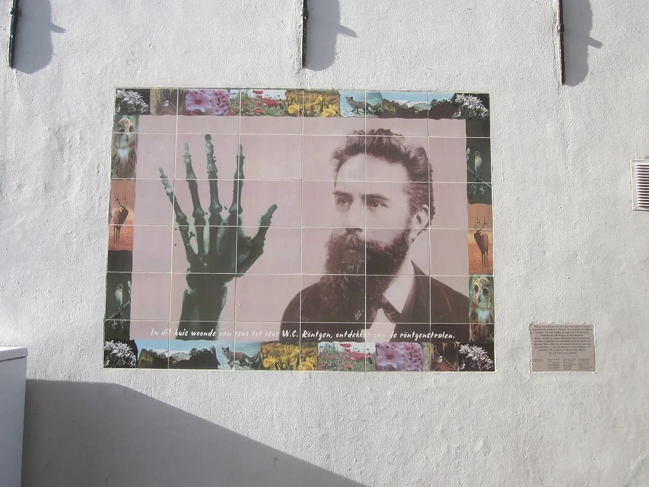Wal art that depicts the house in which Wilhelm Röntgen lived in from 1863 till 1865 in the Schalkwijkstraat in Utrecht. Made by Jackie Sleper in 2005.