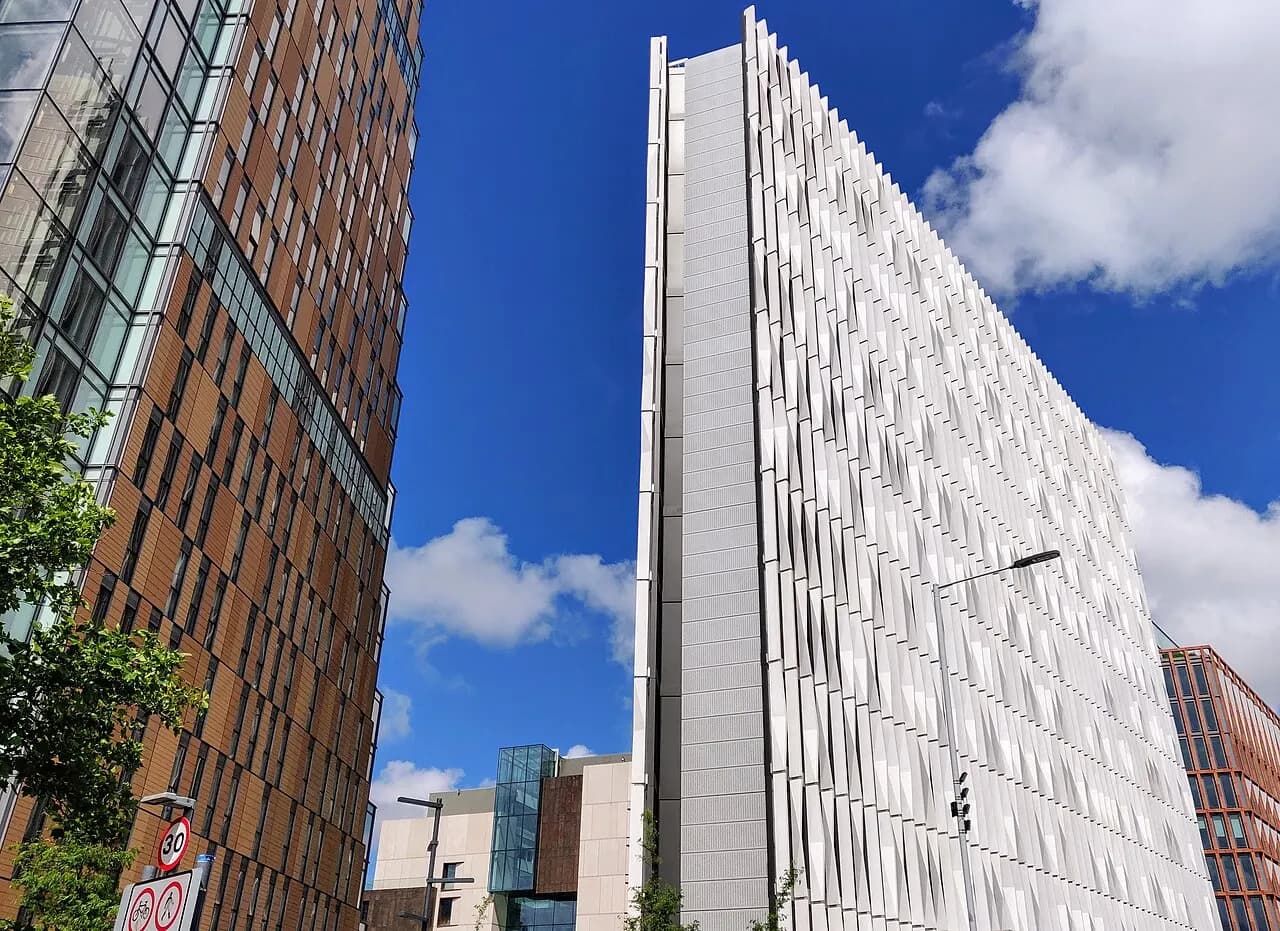 The buildings from the Wood Lane/Westway underpass entrance to Imperial College London's new White City North Campus. On the right is the Sir Michael Uren Biome