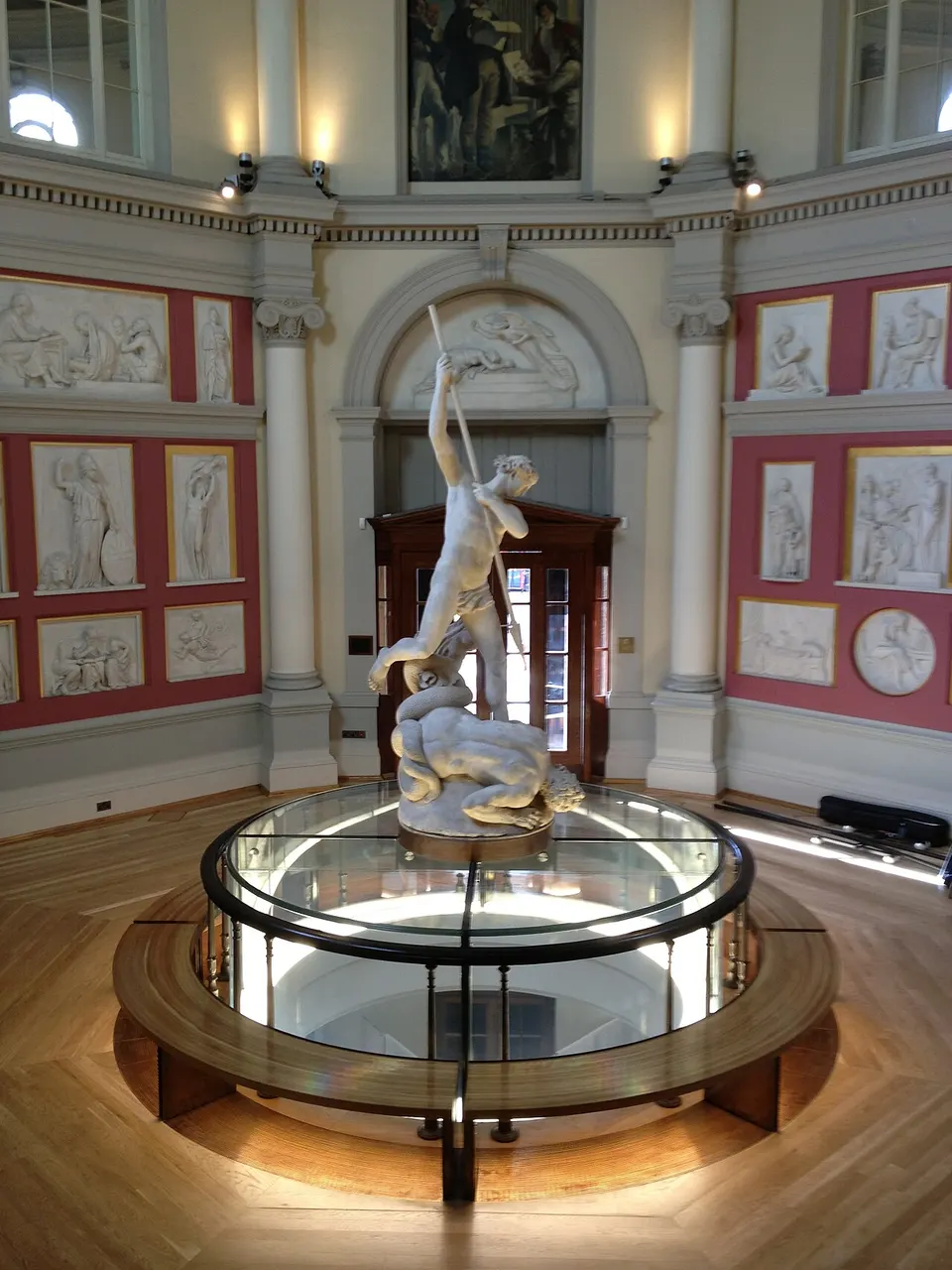 The top of the oculus in the Flaxman Gallery, University College London. The sculpture is John Flaxman’s St Michael Overcoming Satan.