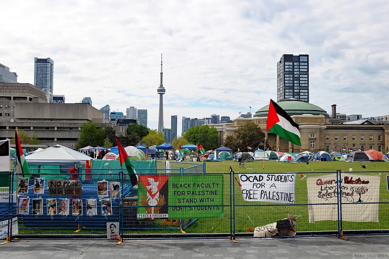 Pro-Palestinian demonstrators, students and faculty members have set up tents on the front lawn at King's College Circle at the University of Toronto since May 
