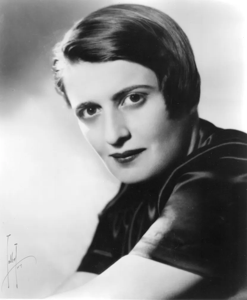 Photo portrait of Russian-American writer Ayn Rand used for the first-edition back cover of her novel The Fountainhead (1943).
