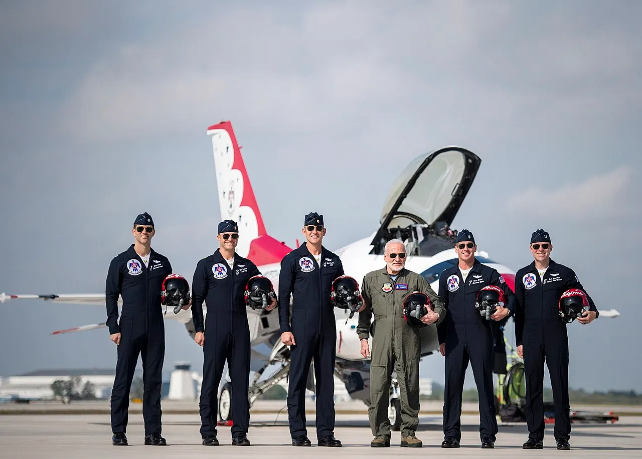 Thunderbirds pilots pose for a photo with retired Air Force Col. and astronaut Buzz Aldrin prior to his flight, April 2, 2017, at Melbourne, Fla. (U.S. Air Forc