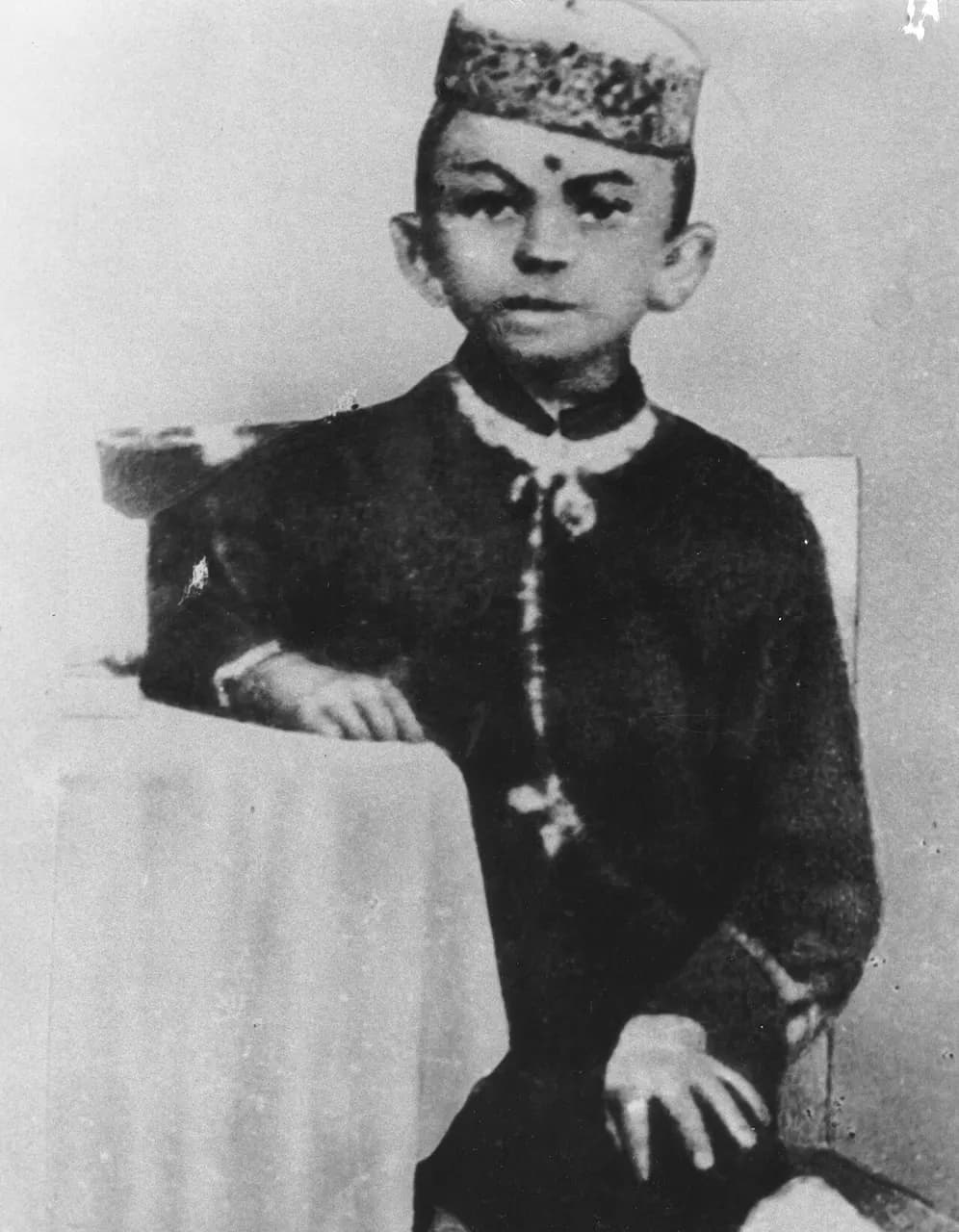 Young Gandhi, at the age of 7, in 1876. It is the only existing picture of Gandhi as a child.