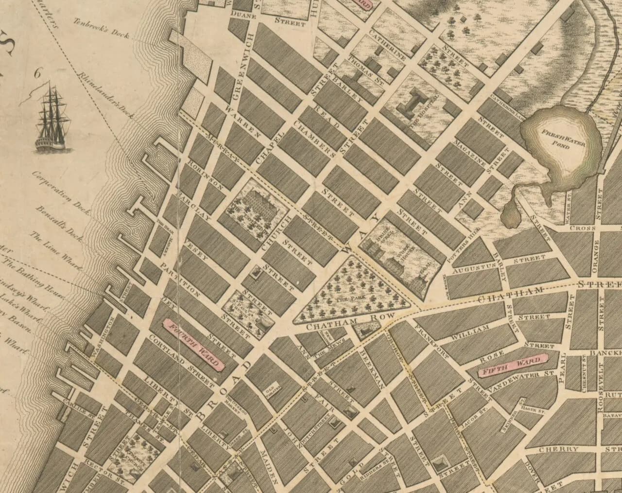 Showing 1797 location of Columbia University between Church Street and Chapel Street (now West Broadway) on a 2-block section centered on Robinson Street (now P