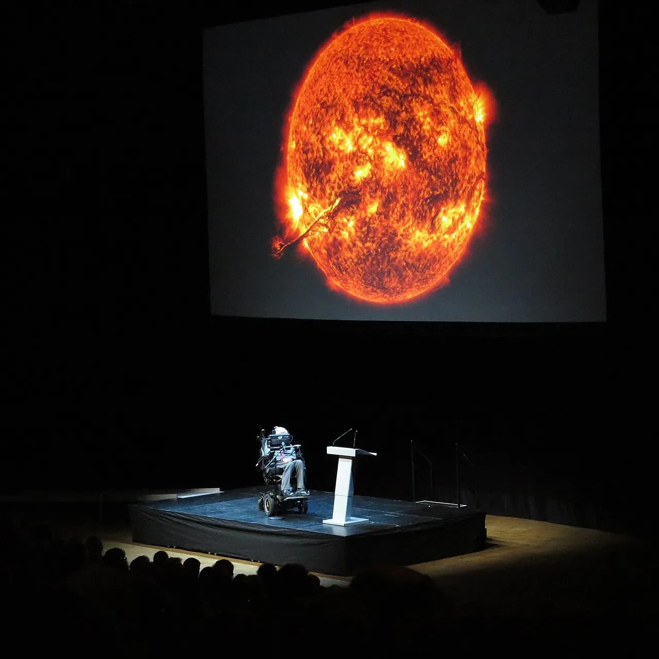 Stephen Hawking holding a lecture at Stockholm Waterfront Congress Centre, 24 August 2015.