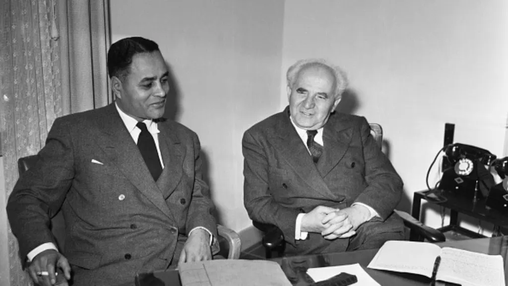 Caption from source: "Ralph Bunche with then-Israeli prime minister David Ben-Gurion, seven months after the creation of the state of Israel, Dec. 12, 1948. Pho
