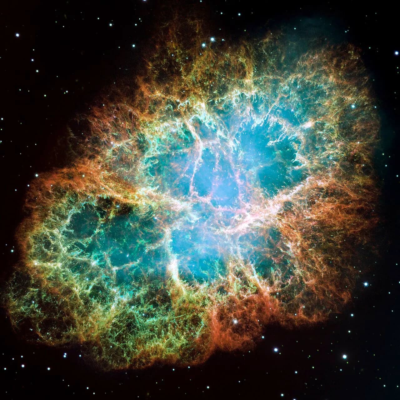 This is a mosaic image, one of the largest ever taken by NASA's Hubble Space Telescope, of the Crab Nebula, a six-light-year-wide expanding remnant of a star's 