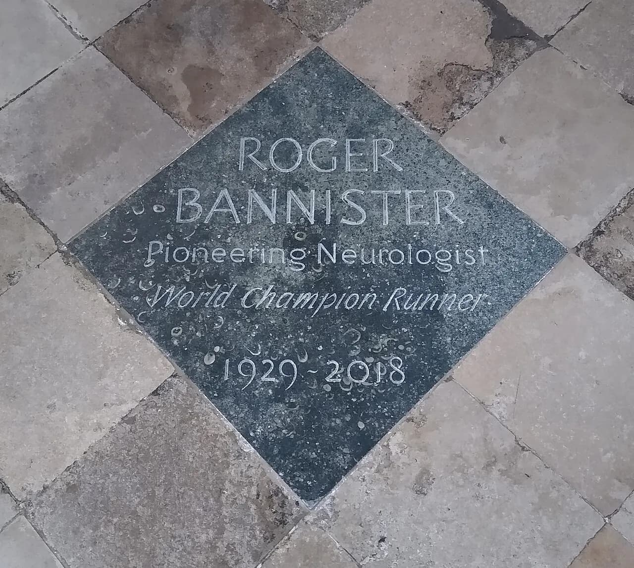 Roger Bannister's memorial stone in Westminster Abbey