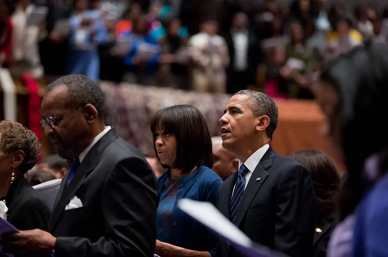 United States President Barack Obama and First Lady Michelle Obama attend a church service at Metropolitan African Methodist Episcopal Church in Washington, D.C