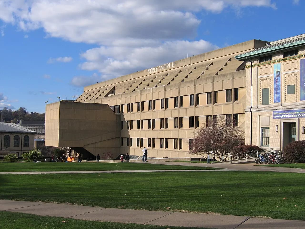Picture of Wean Hall at Carnegie Mellon University taken just after President Bush was re-elected for a second term. The words "Sorry, World" were written on th