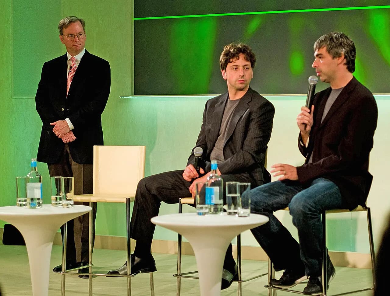 Left to right, Eric E. Schmidt, Sergey Brin and Larry Page of Google