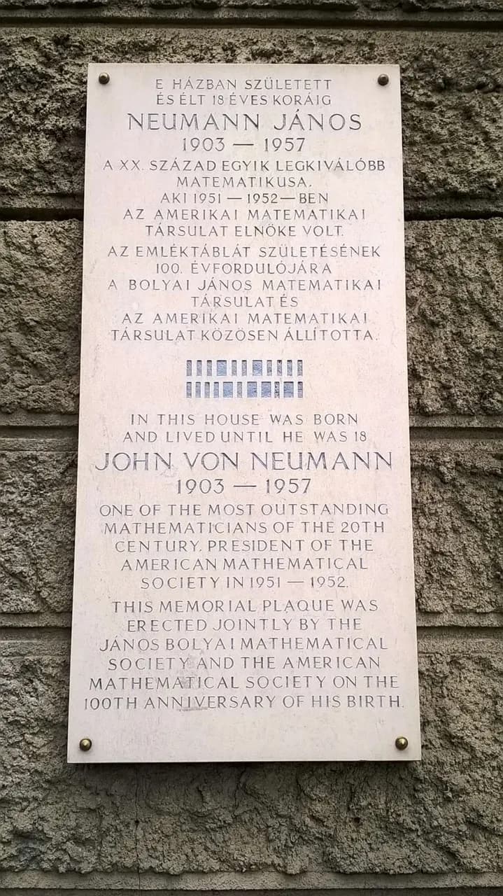 Neumann János emléktábla szülőháza falán, Budapest 5. ker. Báthory u. 26=Bajcsy-Zsilinszky út 62. Állította: Bolyai János Matematikai Társulat és az Amerikai Ma