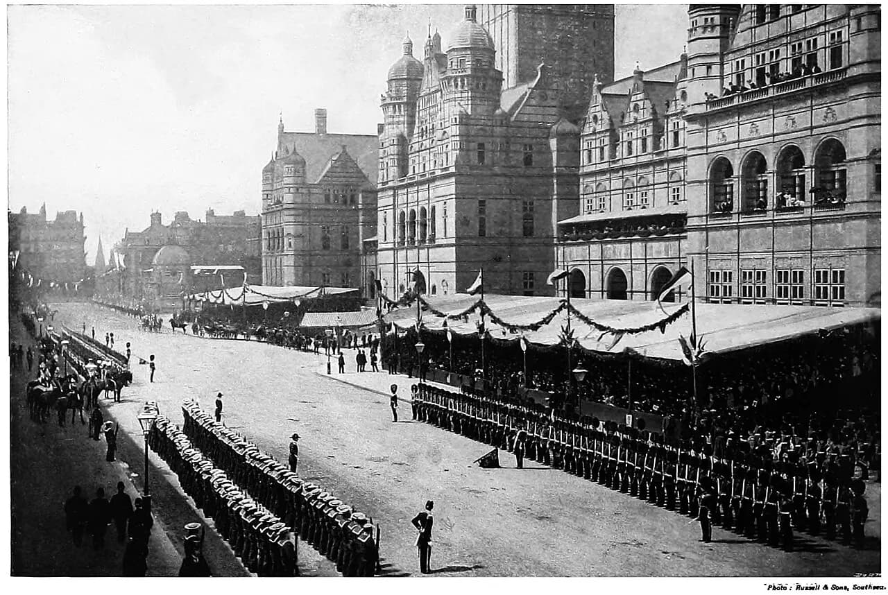 THE QUEEN-EMPRESS OPENING THE IMPERIAL INSTITUTE, LONDON (1893). This stately pageant, in which the Sovereign was the leading figure, in which the representativ