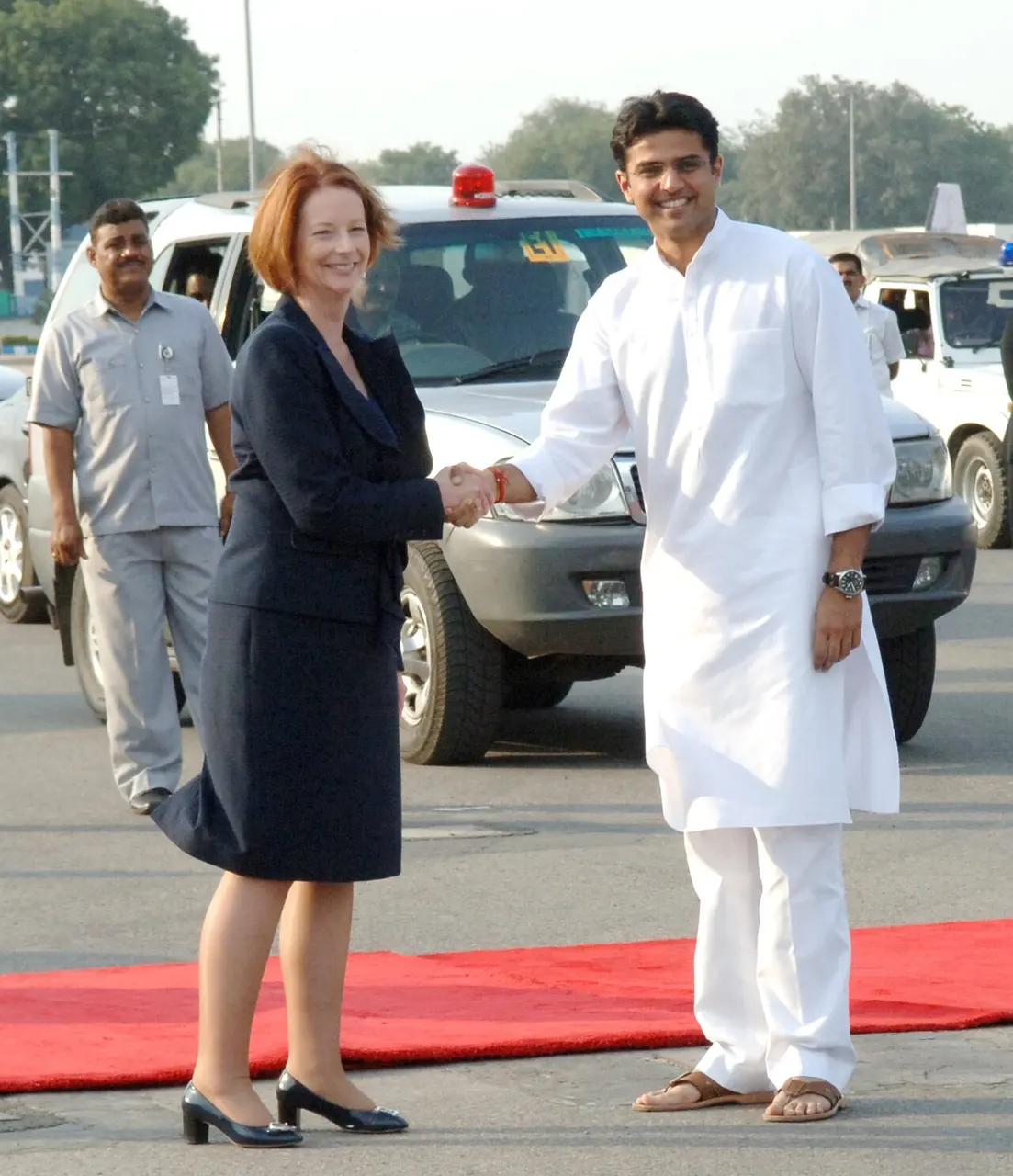 The Prime Minister of Australia, Ms. Julia Gillard being received by the Minister of State for Communications and Information Technology, Shri Sachin Pilot, at 