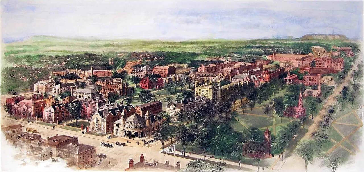 Cropped version of Richard Rummell's 1906 watercolor of Yale University