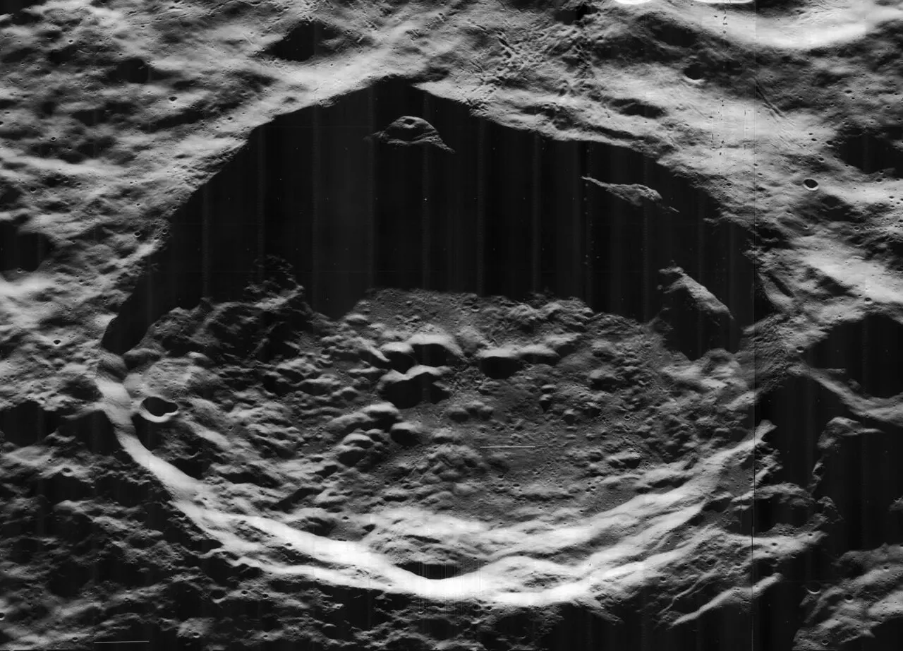 Oblique view of Von Neumann crater, on the far side of the moon, facing west.