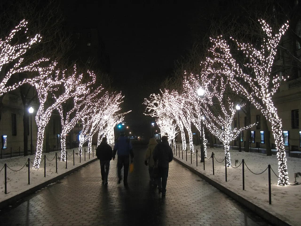 Wikimedia New York Chapter members walk westward on College Walk, between illuminated trees, towards Broadway and Greek dinner.