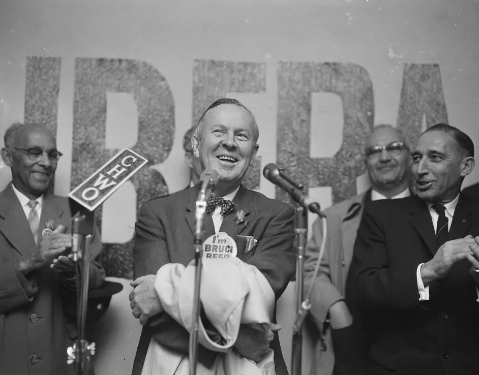 Lester Pearson as Leader of the Opposition, campaigning for candidate Bruce Beer in Peel during the 1962 Federal election.
