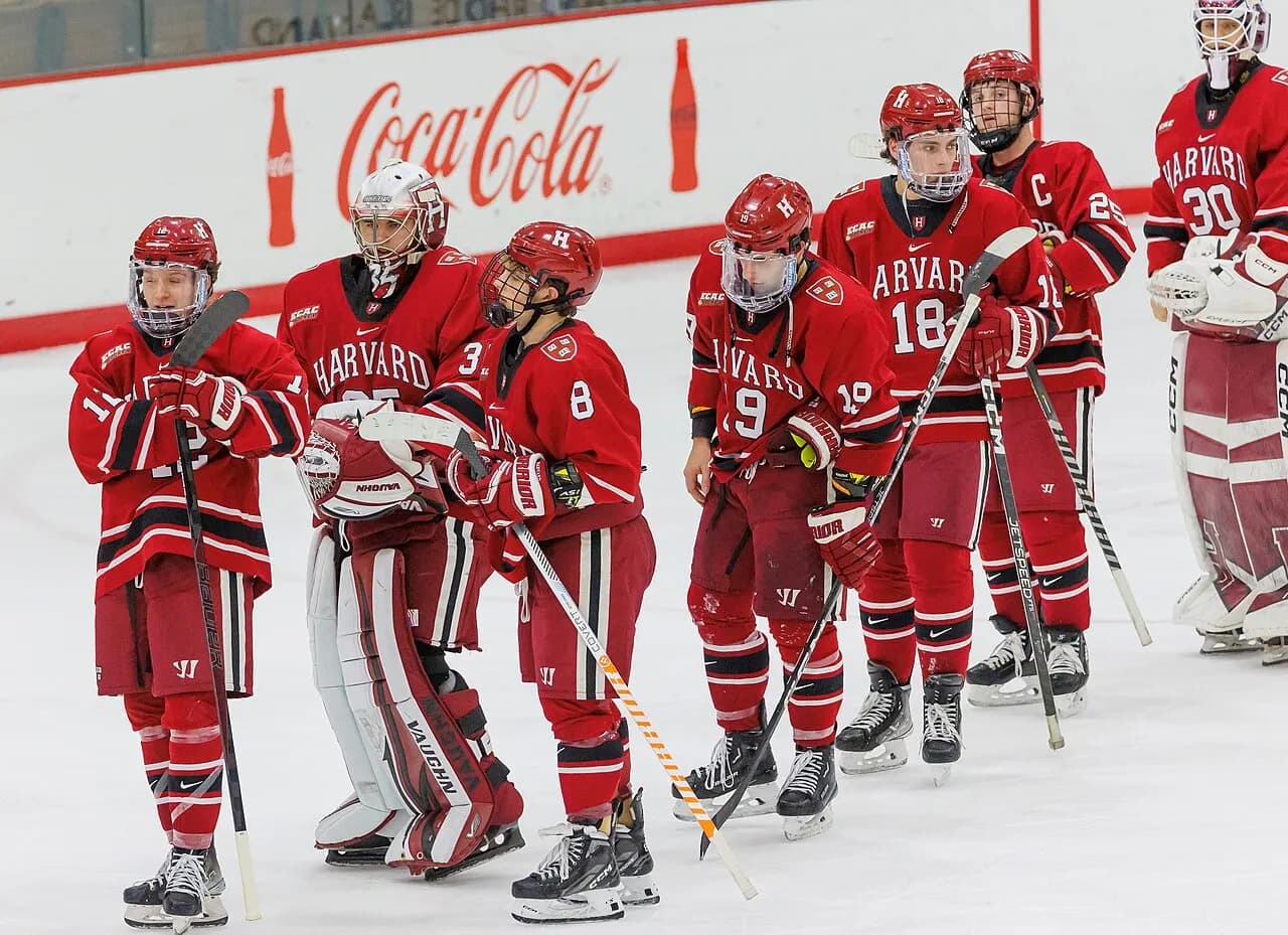 Harvard Crimson players after game. Harvard Crimson at Brown Bears mens ice hockey, 21 January 2023.