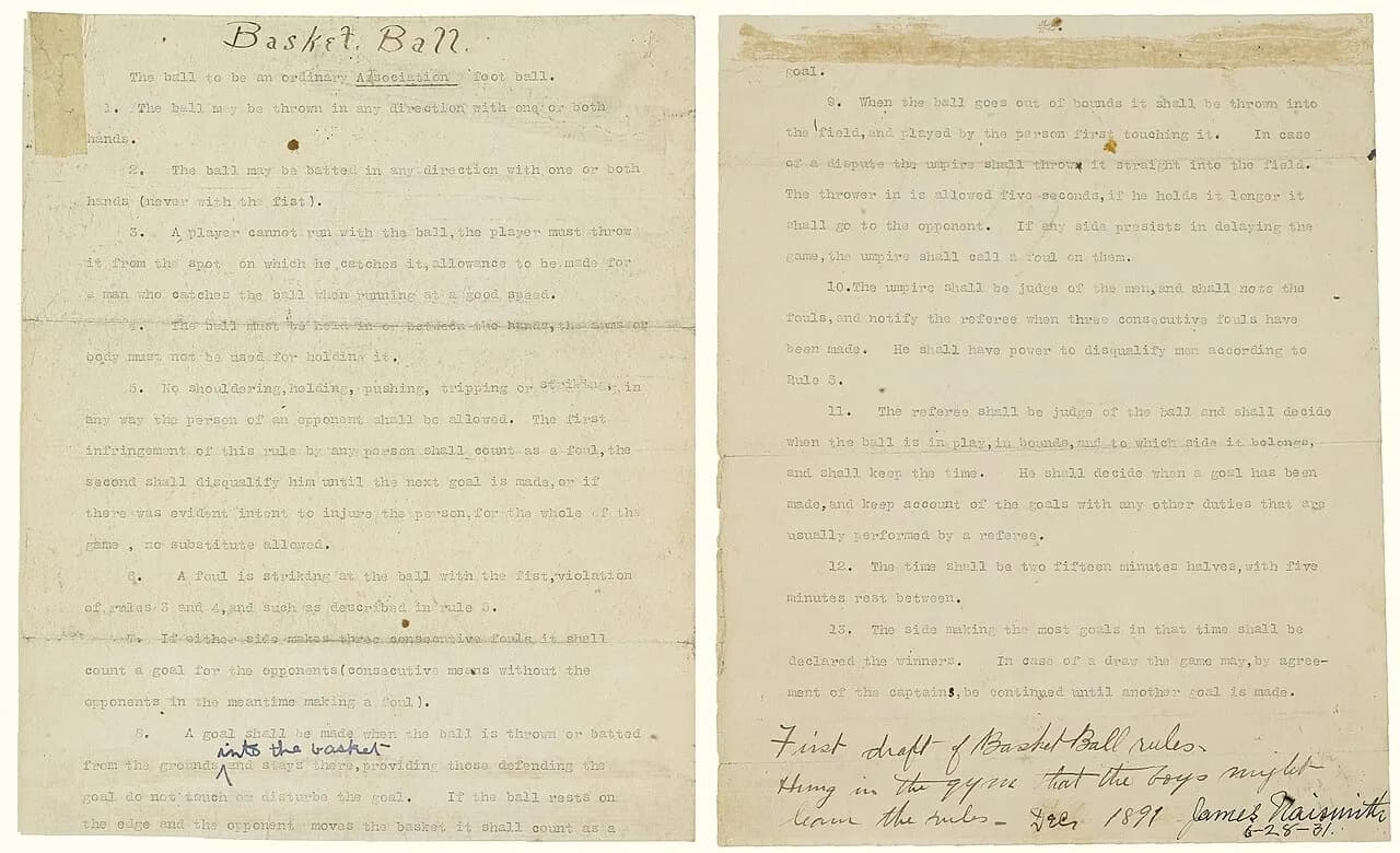 Typewritten first draft of the Rules of Basketball by James Naismith, dated December 1891, and signed James Naismith June 28, 1931.
