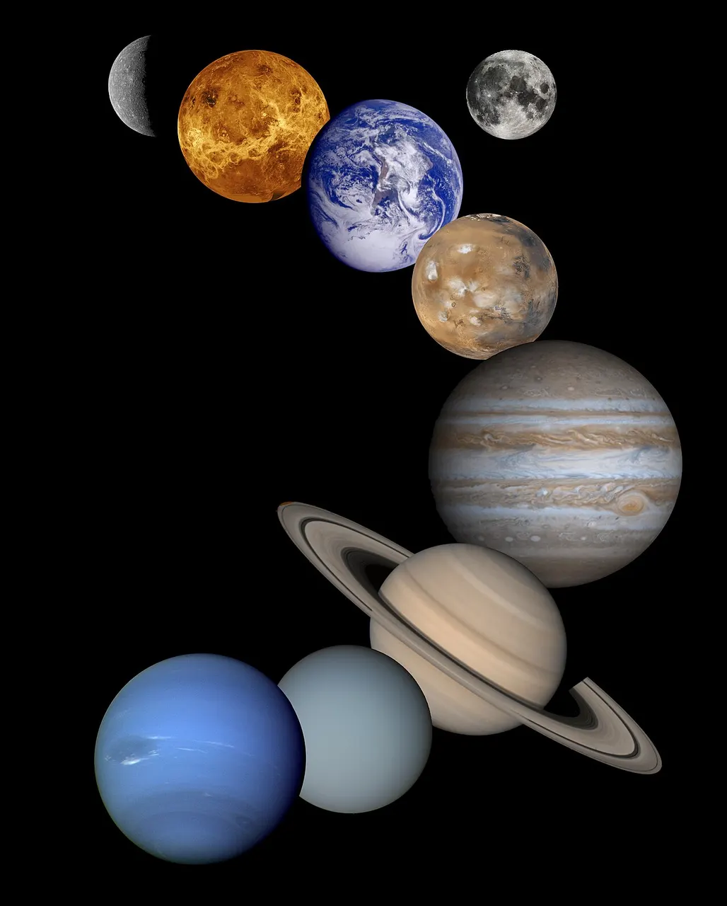 This is a montage of planetary images taken by spacecraft managed by the Jet Propulsion Laboratory in Pasadena, CA. Included are (from top to bottom) images of 
