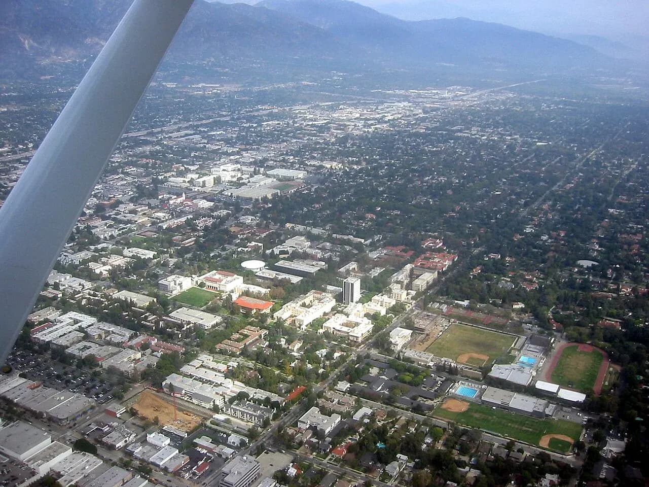 Aerial view of the Caltech campus in Pasadena, and the western San Gabriel Valley — from a Cessna on an aero club demo flight.