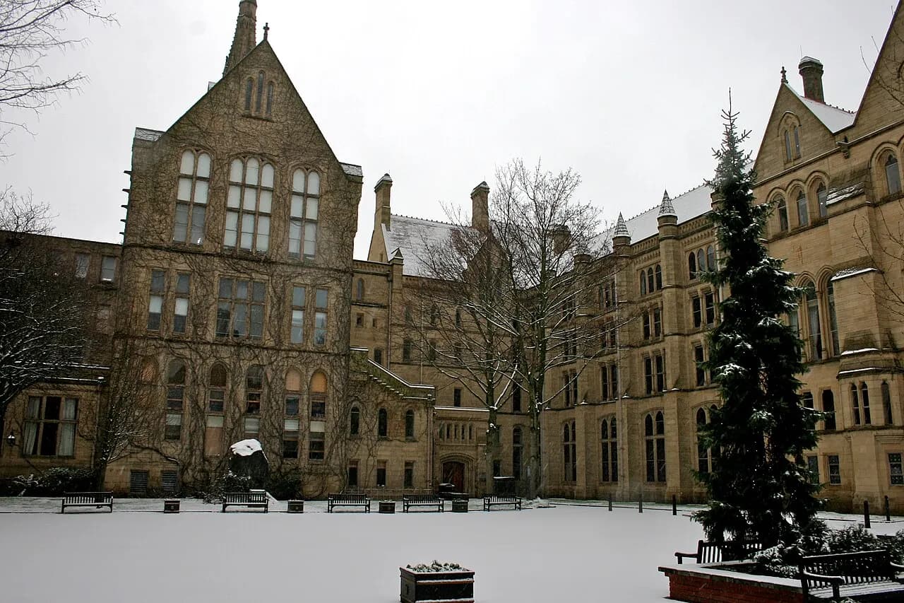 Old Quadrangle, Manchester, in the snow. This quad doubled as the entrance to the Louvre in Paris in the Sherlock Holmes episode "The Final Problem" (1985) star