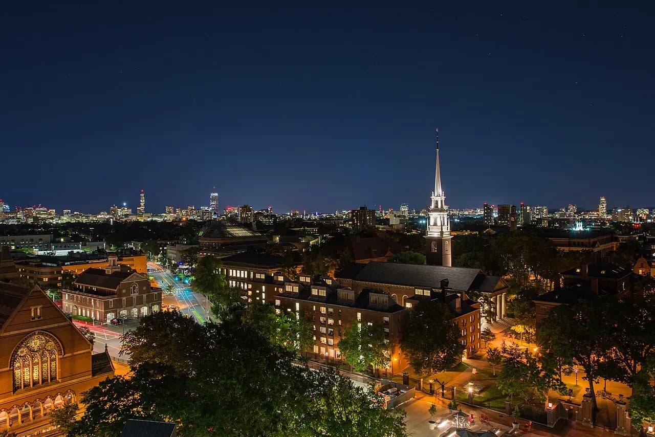 Harvard Yard, Memorial Hall and Cambridge Street at night, seen from the top floor of the Science Center.