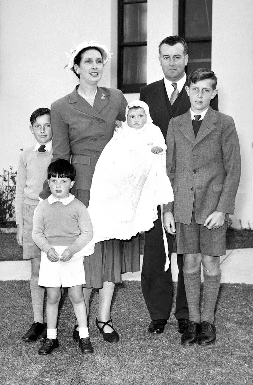 Margaret and Gough Whitlam with their four children, shortly after the christening of Catherine in 1954.