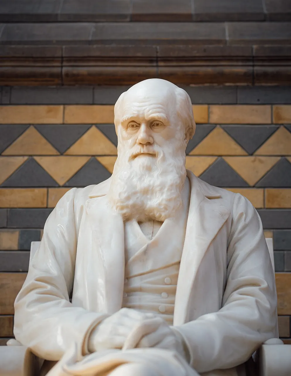 Statue of Charles Darwin in the central hall of the Natural History Museum in London. Focus on the statue's head with the upper body and hands included but out 