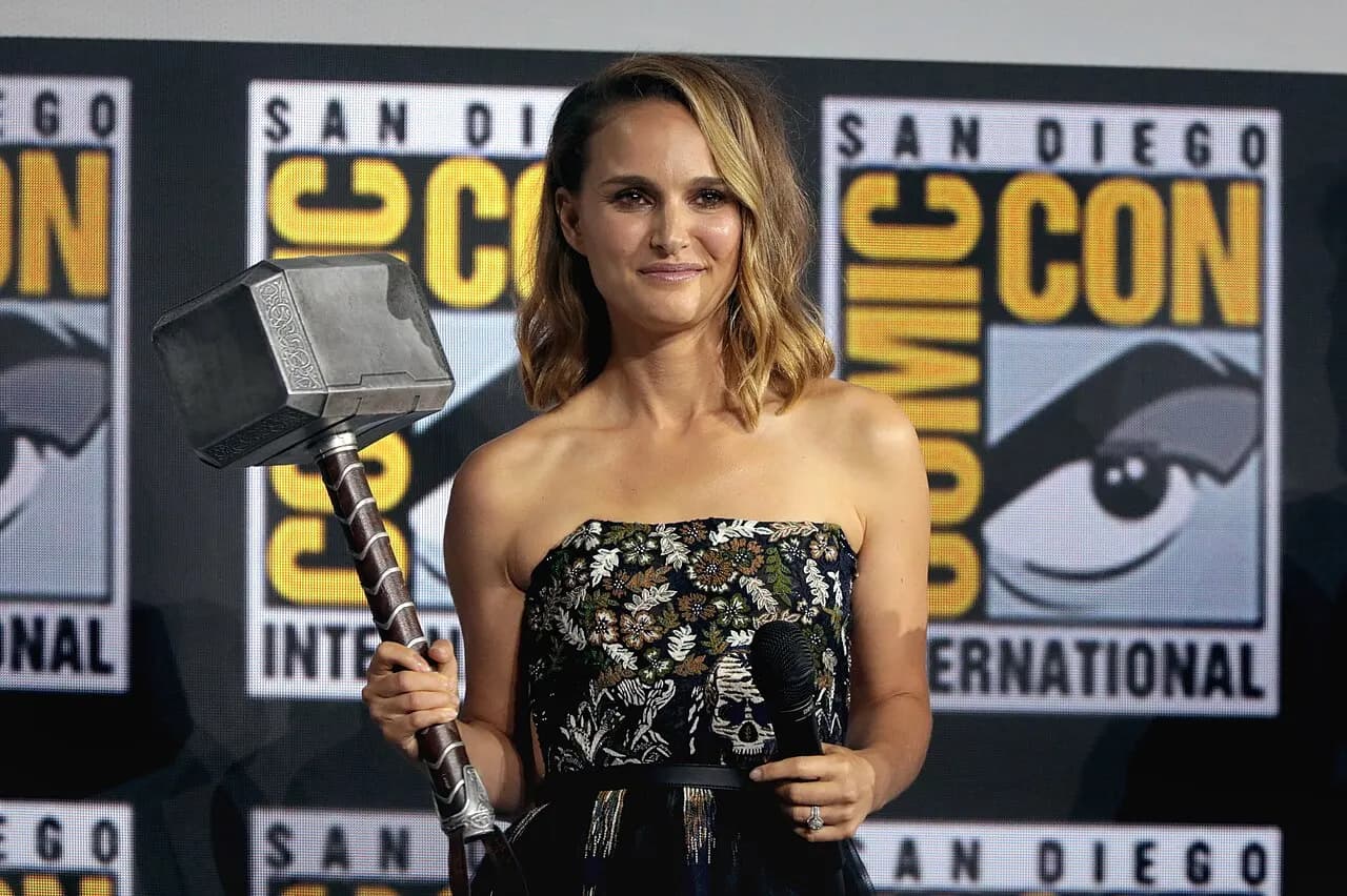 Natalie Portman speaking at the 2019 San Diego Comic Con International, for "Thor: Love and Thunder", at the San Diego Convention Center in San Diego, Californi